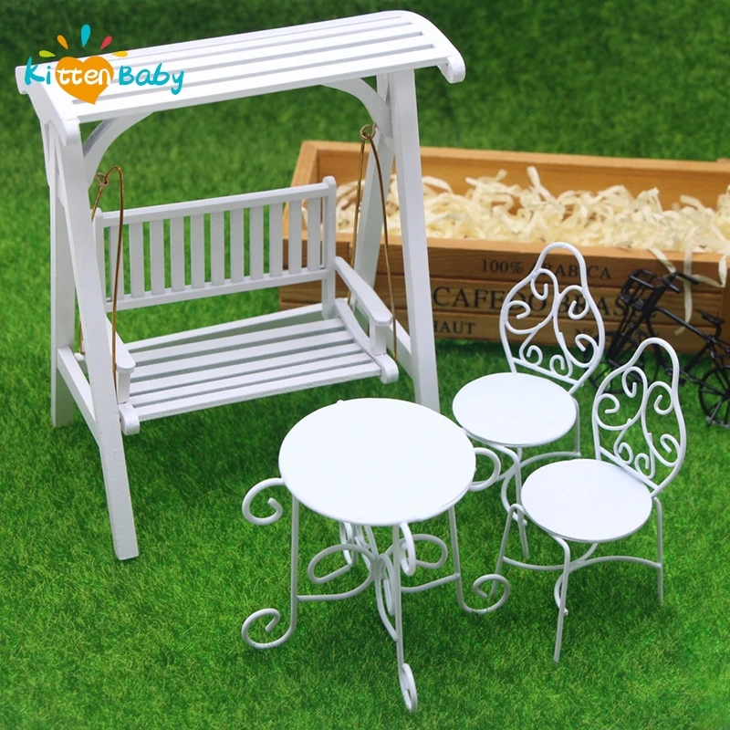 1Set 1:12 Dollhouse Miniature Table Chair Set Iron Art Tea Table Chairs Balcony Outdoor Garden Model Doll Home Furniture Decor