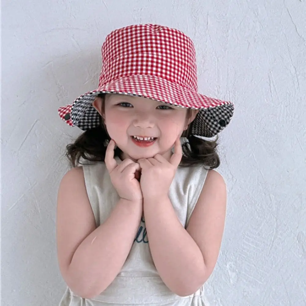 

Drawstring Boys Girls Bucket Cap Lattice Anti-UV Children Fisherman Hat Double Sided Casual Baby Sun Hat Mountaineering Cap