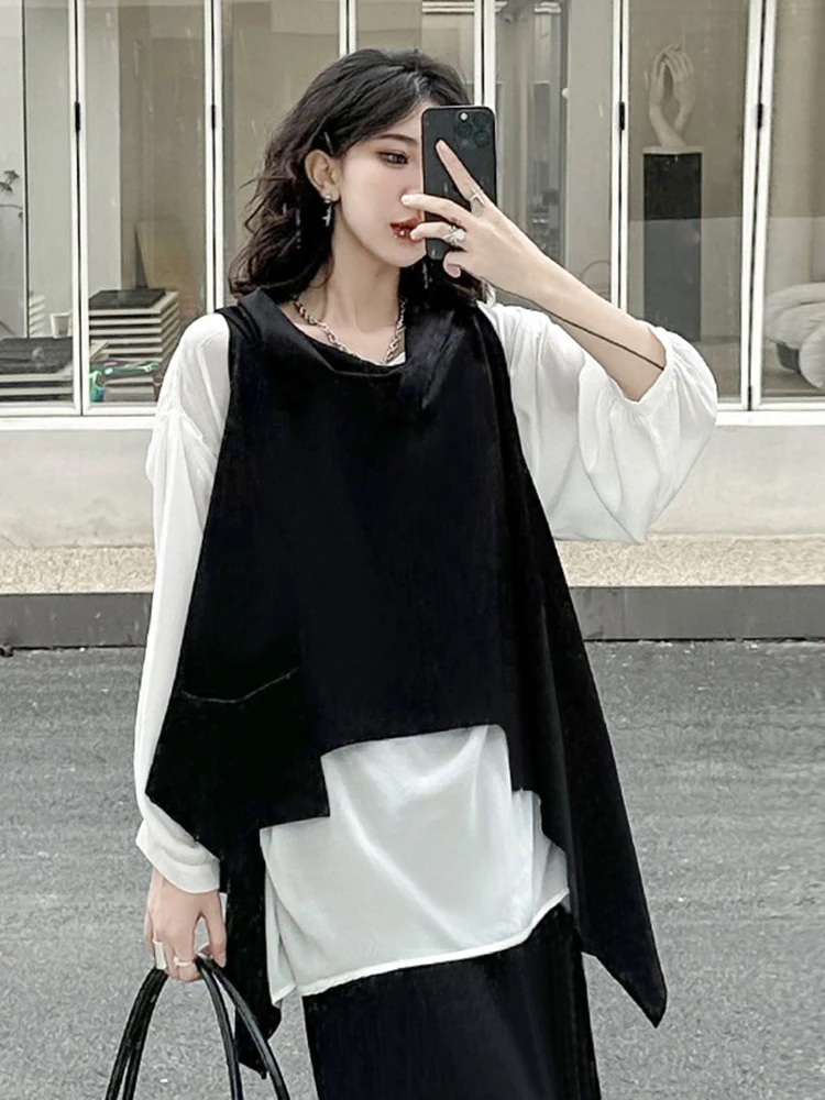 [EAM] Women Black Irregular Big Size T-shirt New Round Neck Long Sleeve Two Pieces Fashion Tide Spring Autumn 2024 1DF5985