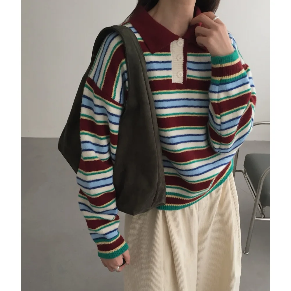 

Women's Casual Knitwear Chic Versatile Retro Striped Loose Slimming Warm Top Sle Comfortable Autumn Sweater