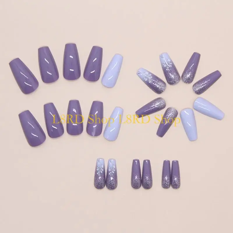 L8rd 24pcs متوسطة الضغط على التدرجات الأظافر الأرجواني المربع الأرجواني مع أظافر كاذبة مع تصاميم الزهور على الأظافر للنساء