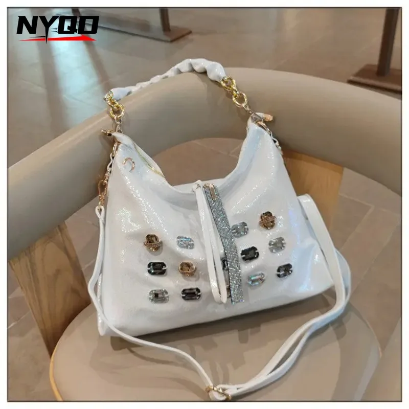 Genuine Leather Tote  handbags for Women Rhinestone Decor Large Capacity Shoulder Handbag for Work Commute Leisure