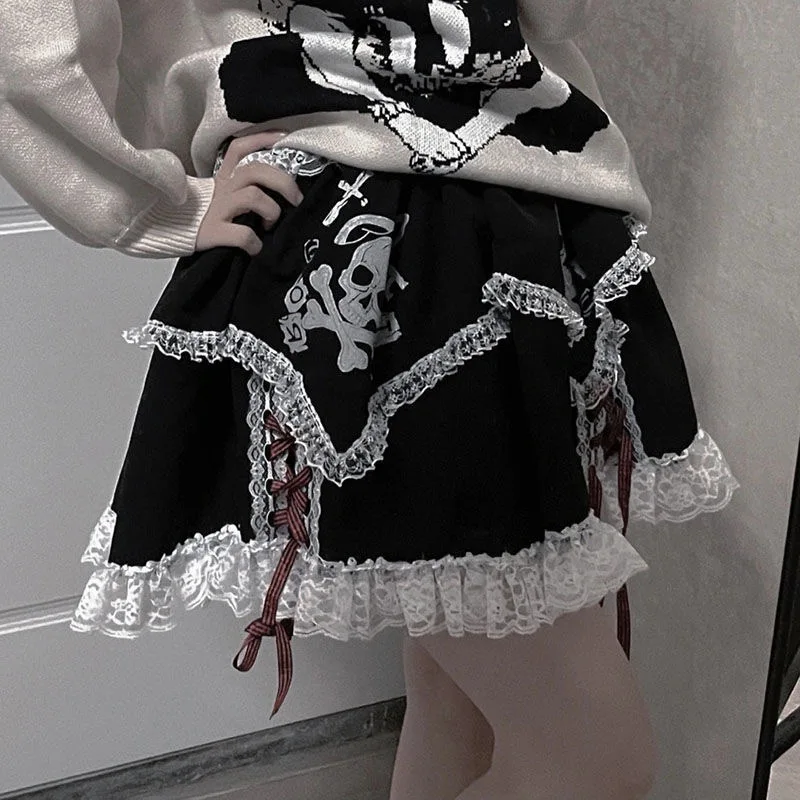 Subcultural Punk Dark Series Anime Lace Skull Skirts High Waist Short Skirt Cake Ponching Skirt Korean Fashion Women Clothing
