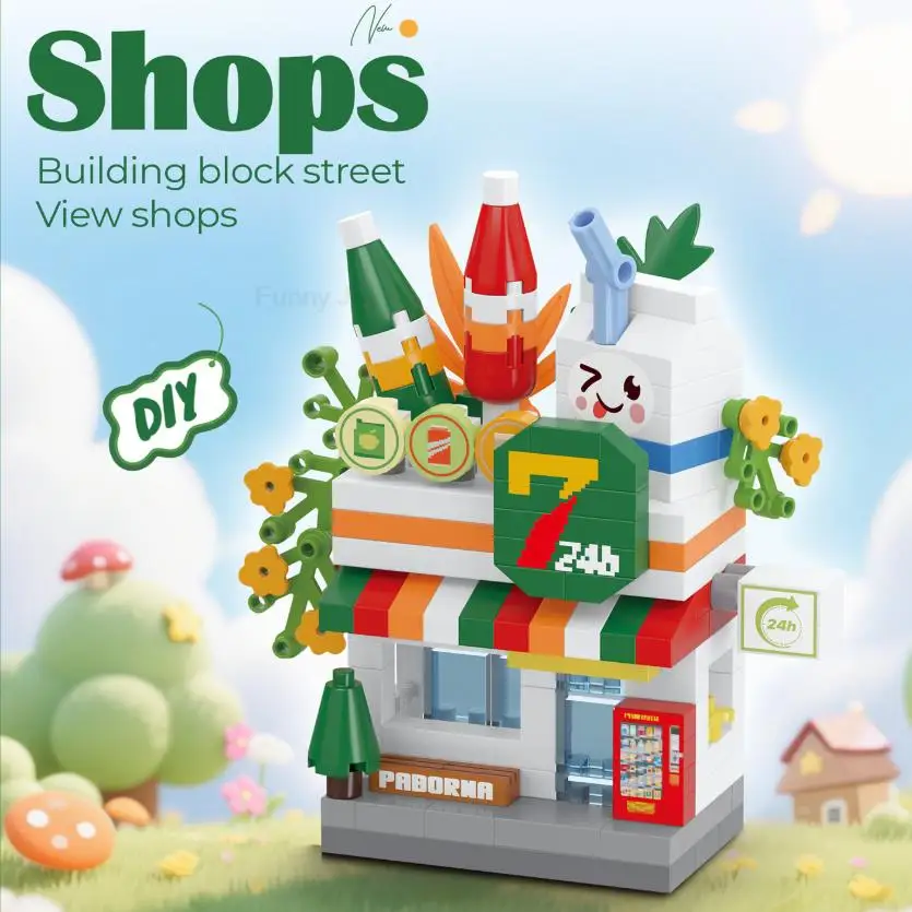 Grappige bibliotheek Snoepwinkel Dierenwinkel Brood Straatzicht Koffieshop Stad Miniatuur Kleine bouwstenen Ornamenten Winkel DIY Speelgoed