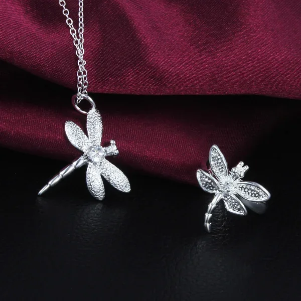 

Women Party Wedding Fashion Jewelry Set 925 Sterling Silver Crystal Dragonfly Pendant Necklace Rings Fine Christmas Gifts
