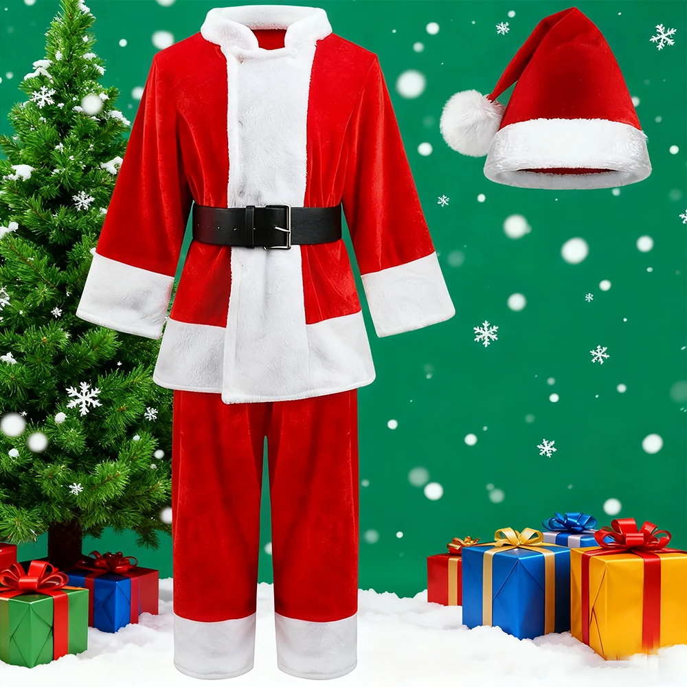 

Костюм Санта-Клауса для мальчиков, красный бархатный комплект из 3 предметов для детей, одежда для рождественской вечеринки + шапка, зимнее теплое детское платье на день рождения