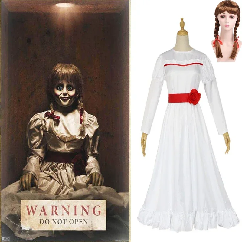 ConjingDoll Annabelle Halloween Horror White Dress Cosplay Costume Anime Game Long Sleeve O Neck Female Perform Dresses