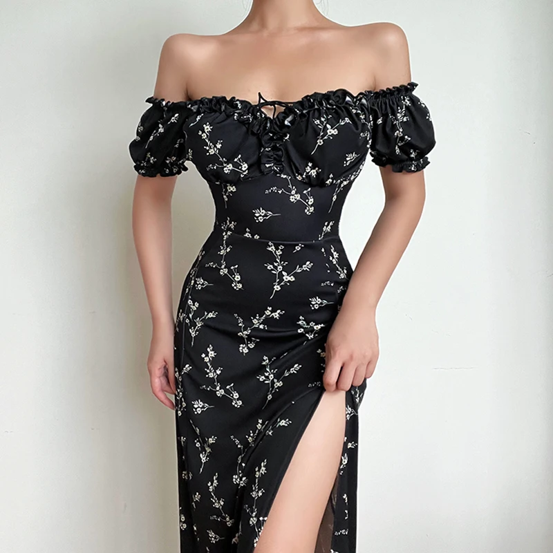 Seksowna sukienka z odkrytymi ramionami w kwiaty dla kobiet z wysokim rozcięciem eleganckie długie suknie bez pleców letnia sukienka typu Bodycon