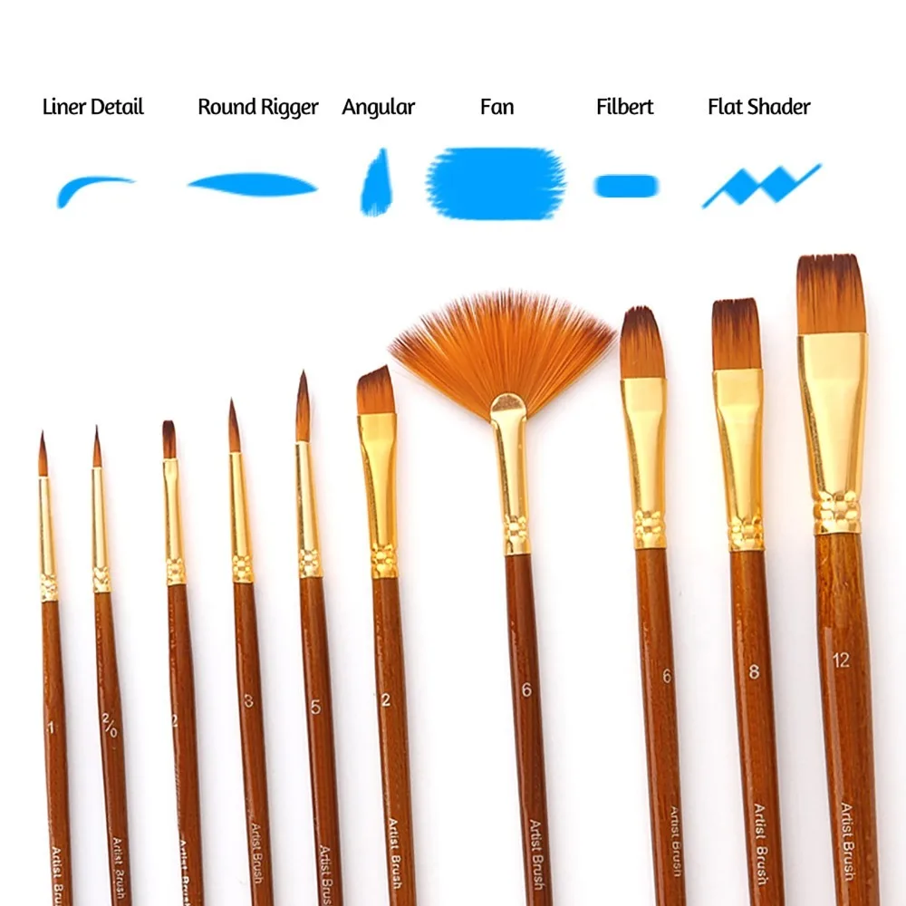 10Pcs Multiple Mediums Paint Brushes Set Nylon Hair Professional Kit Detail Paint Brush Variety Style Round Brush For Artist
