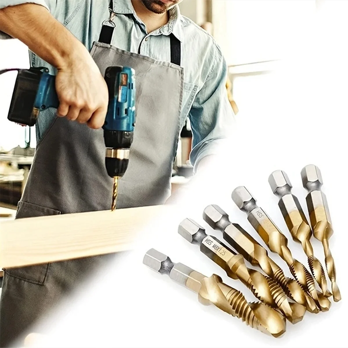 Brocas de titânio chapeado Hex Shank, Torneira métrica de rosca, Torneira composta, Ferramenta de chanfro aberto, HSS, M10 x 1.5mm