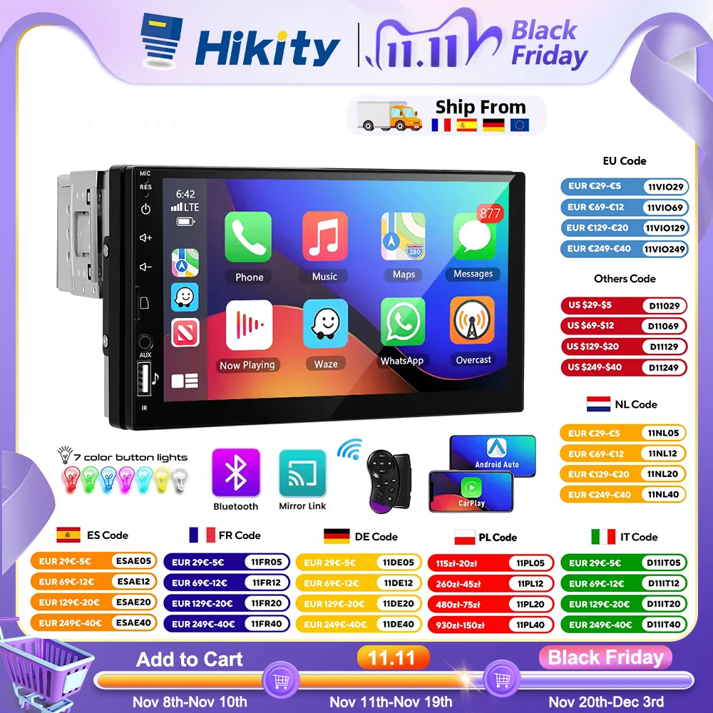 مشغل Hikity 7 بوصة Carplay 1DIN Android راديو السيارة التلقائي MP5 مع جهاز استقبال FM بلوتوث لمنفذ Toyota Kia VW Hyundai USB #1