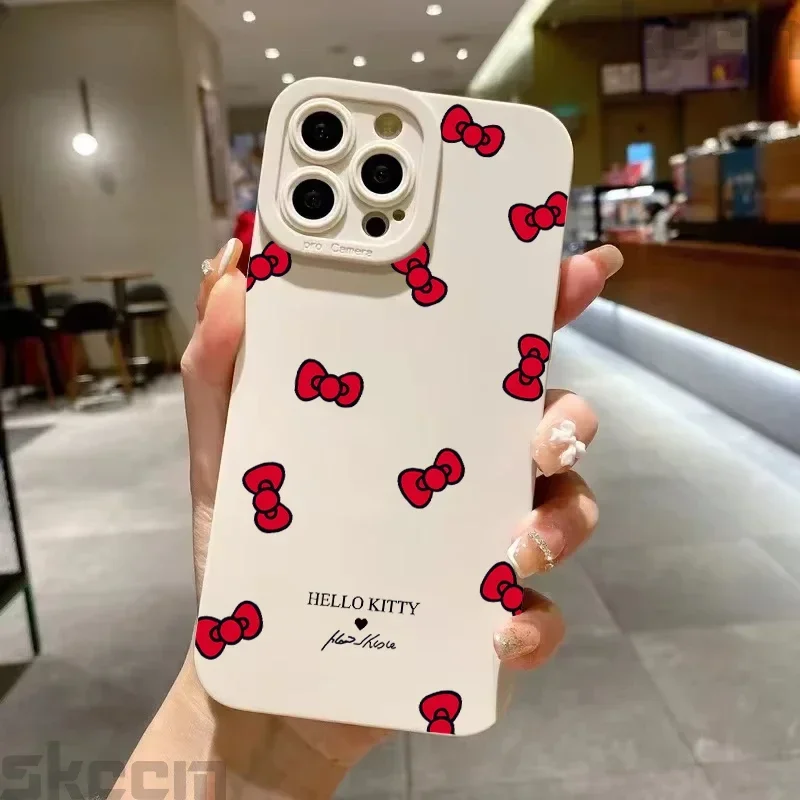 Funda de teléfono con diseño de lazo de Hello Kitty para iPhone 16 Pro Max 15 14 11 12 13 Mini X XS XR 7 8 16 Plus, funda de silicona mate