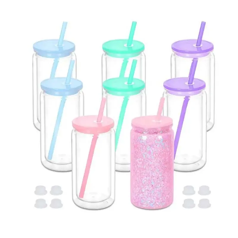 

Double Layer Plastic Water Cups With Straw Reusable Snow Globe Tumbler Cup Pre Drilled Hole for DIY Water Bottle Mason Jar Mugs