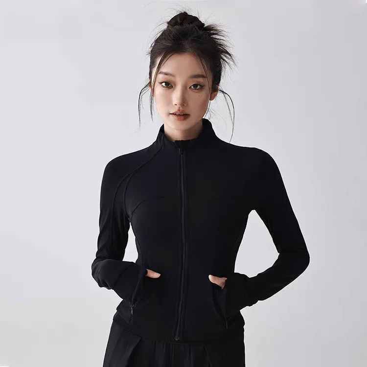 Women's long-sleeved invisible pocket yoga sportswear, running, sun-protective, stand-up collar, zipper, breathable, quick-dryin