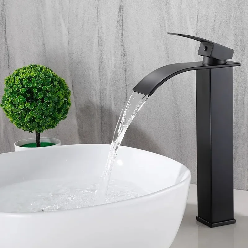 

Black Bathroom Faucet Brass Waterfall Cold And Hot Sink Mixer Sink Tap Single Handle Deck Mounted Tap