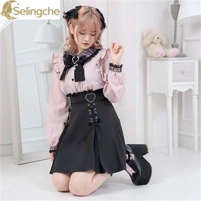 

Japanese Dilei Half Skirt Lolita Skirt Drawstring Folded Lolita Soft Girl Cute Skirt Bow Tie Short Skirt