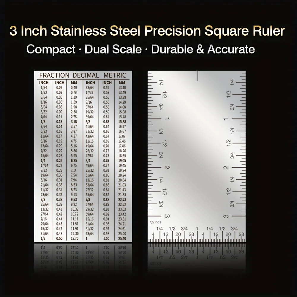3-Inch Stainless Steel Precision Square Ruler, Dual Scale Metric/Imperial Conversion, Compact & Portable Pocket Measuring Tool