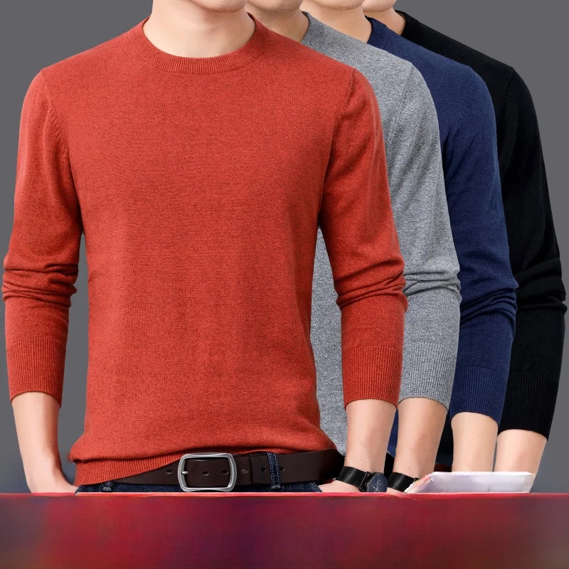 

Мужской осенний вязаный свитер из чистого хлопка с круглым вырезом, приталенный, из смесовых волокон, однотонный, молодежный, для ношения под одеждой, повседневная одежда