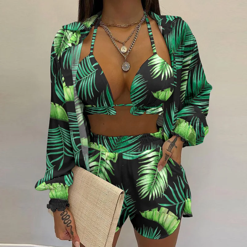 New 2025 Bathing Suit Shorts Cover Up Summer Three Piece Swimwear Sexy BeachWear High Waist Bikini Set Print Women's Swimsuit