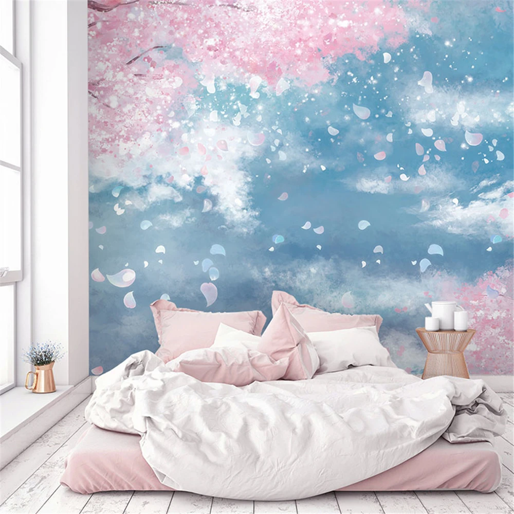 

beibehang custom Japanese pink petals bedroom wallpapers living room ceiling mural TV background wallpaper warm wall covering