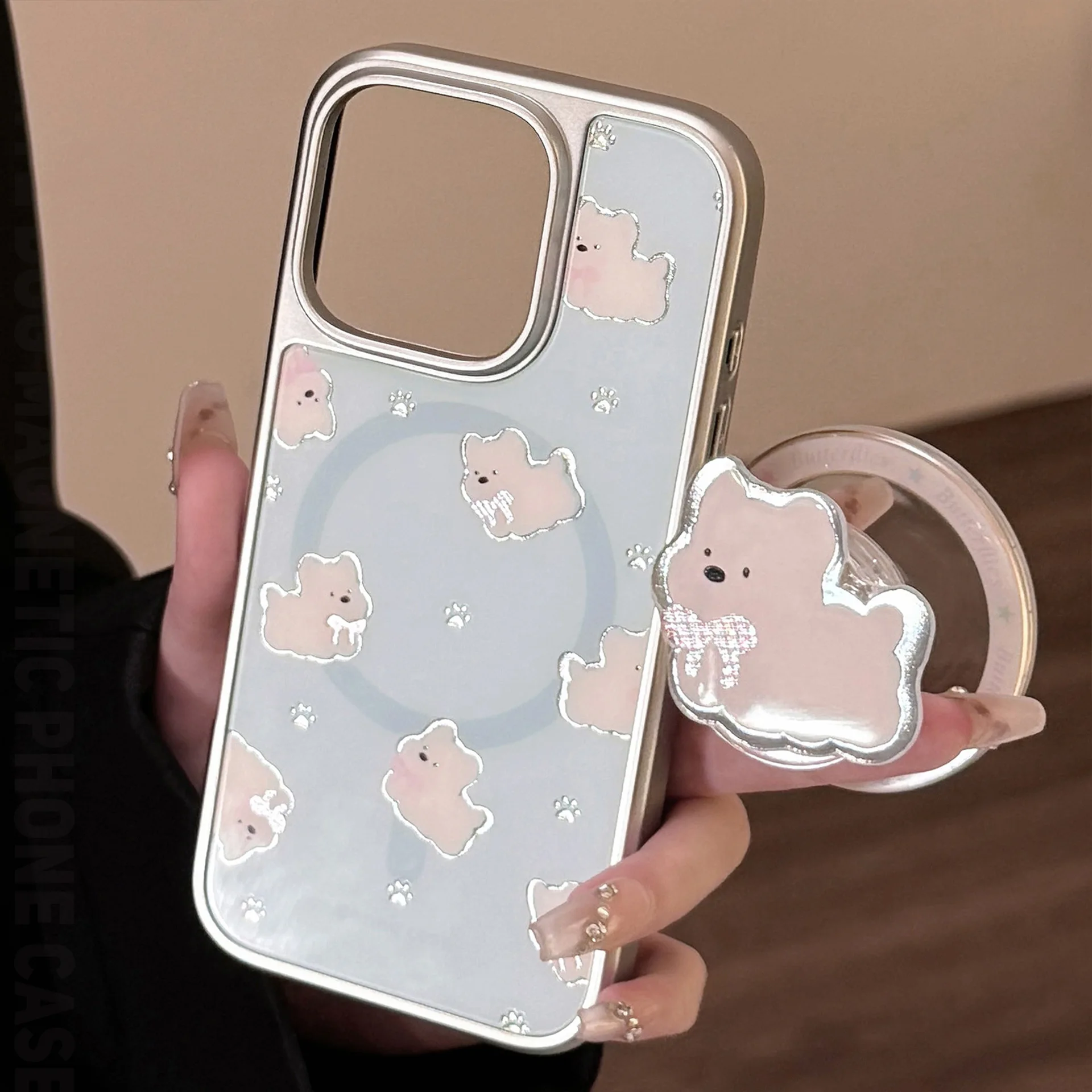 Funda de teléfono con revestimiento de borde plateado magnético con soporte de cachorro de dibujos animados coreanos para iPhone 16 15 14 13 12 Pro Max cubierta a prueba de golpes