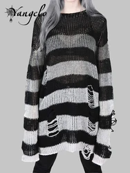 Punk Gothic Striped Long Sweater Stretch Thin Pullover Broken Sweater Hollow Out Slit Spring Knit Top Jumpers Y2K Clothes for DP