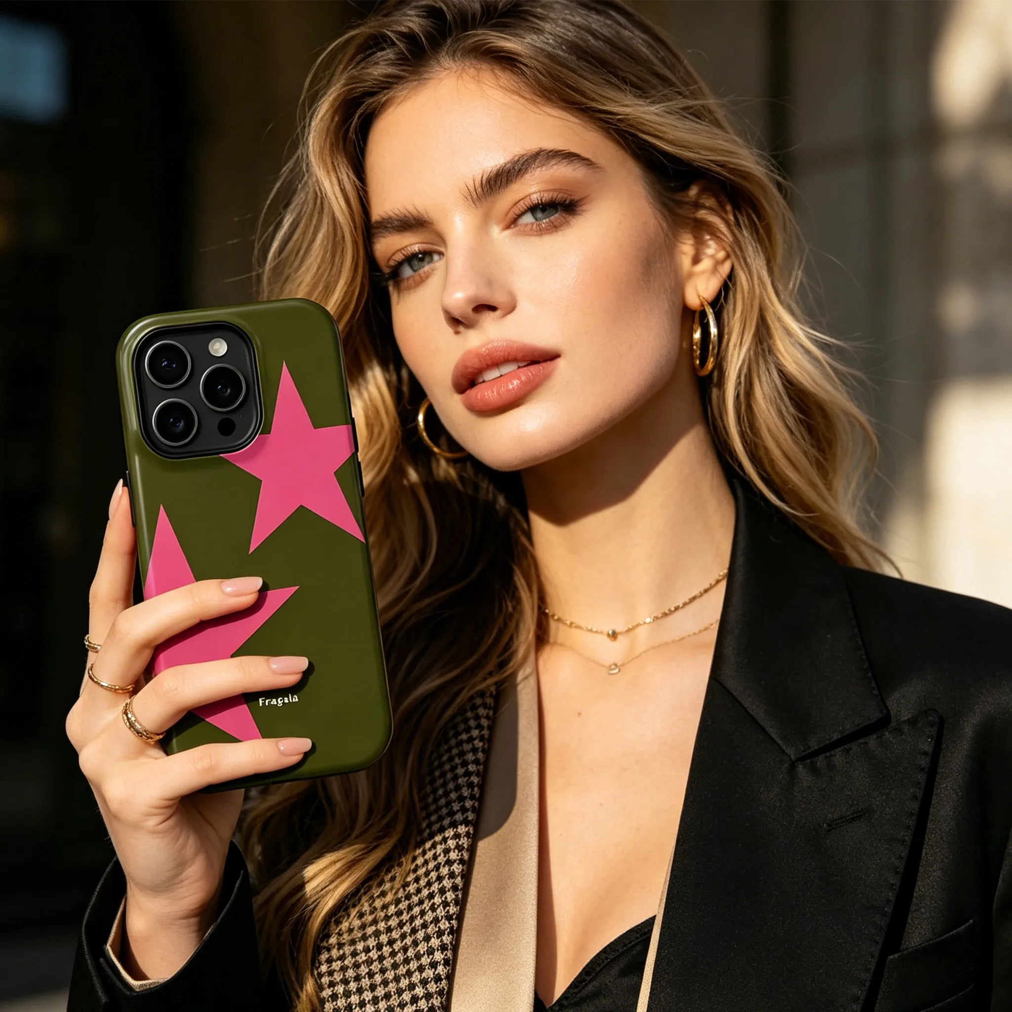 Funda para Teléfono Swag con Estrellas en Verde Oliva y Rosa para iPhone 17, 17e, 16e, 16, 15, 14, 13, 12, 11, X, XS, XR, XSMAX, 7, 8, Air, Pro, Max, Plus, Doble Capa