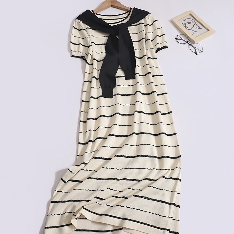 

Women Summer Casual Shawl Striped Dress Loose Comfortable Short Sleeved Knit Dress Worn Outside Simple H-shaped Mid Length Dress