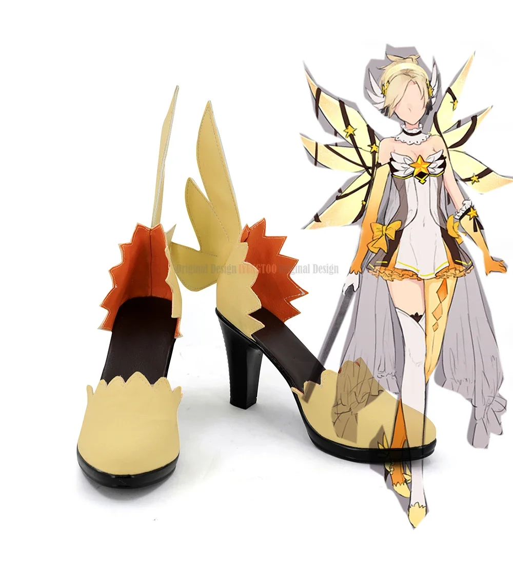 Angela Ziegler Yellow Shoes Cosplay OW Legend Mercy Angela Ziegler Cosplay Shoes Boots High Heel Custom Made Any Size