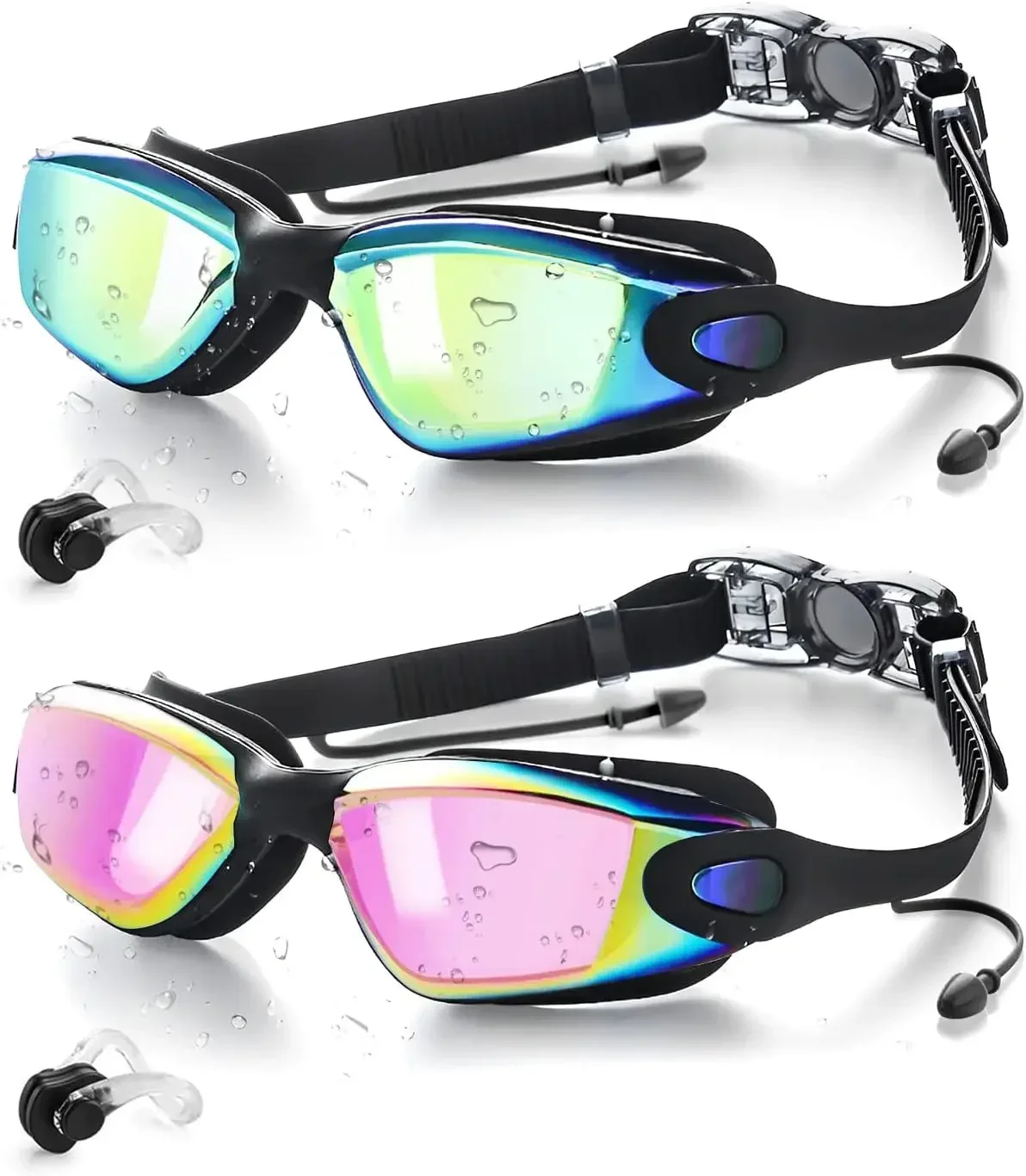 

Boxed Swimming Goggles for Adul, Silicone One-piece with Earplugs, Plated Anti-fog High-definition Swimming Glasses