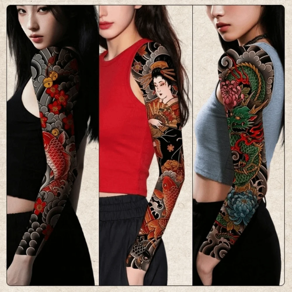 Japanese Demons Arm Sleeve Tattoo Sticker Geisha Flower Japanese Style Temporary Tattoos Koi Fish Dragon Water Transfer Tattoo