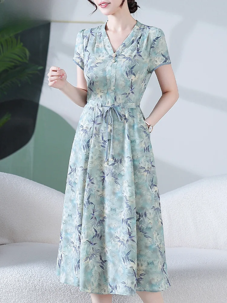 

Ele Young Mom Summer Faion Dr Polyester Blend ort Sve V-Ne Midi Skirt for Women in Their 40s And 50s