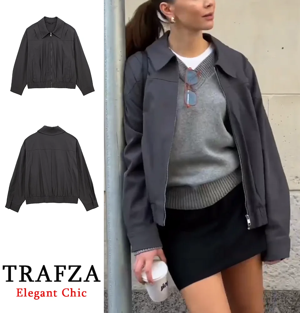 TRAFZA-Women Fashion Executive Jacket Lapel Zipper Solid Jacket New 2024 Spring Autumn Casual Versatile Female Formal Jacket