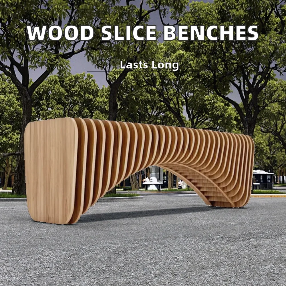 Solid wood sliced bench creative indoor and outdoor public waiting chair garden courtyard park using fashionable metal