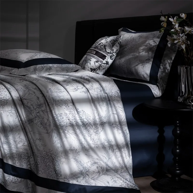 Set di biancheria da letto Patchwork nero grigio di lusso morbido setoso 1000TC cotone tropicale giungla foresta copripiumino Set lenzuola federe