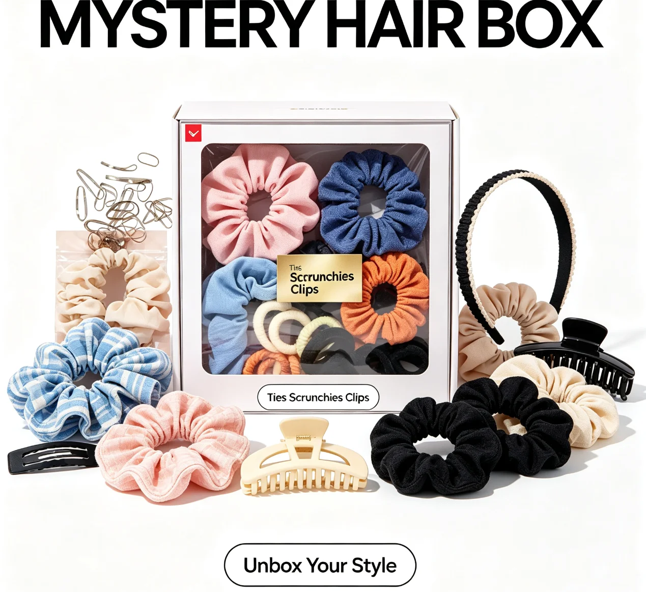 Random Hair Accessories Blind Box, Snap Hair Clips Elastic Hair Ties Wavy Headbands Claw Clips Scarf Scrunchies Mixed Surprise Mystery Box for Women Girls Daily Hairstyle view 3