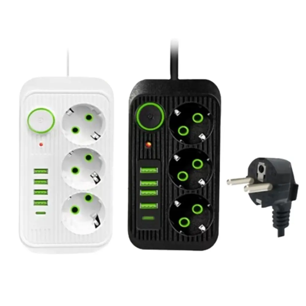 2m Extension Cord EU Outlet Power Strip 4 USB Ports Independent Switch Surge-Protected Power Strip 3-Outlets Power Button Safe