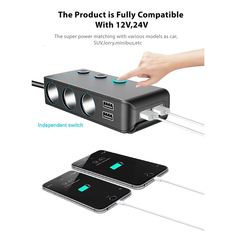 ABFN-Car Charger QC3.0 Fast Charging Cigarette Lighter Adapter Phone Charger With Switch Voltage Display