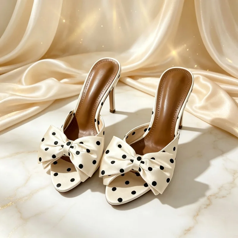 Women Open‑Toe Slide‑On High‑Heel Mules, Ivory Satin With Black Polka‑Dot and Big Bow Decoration, Sweet Vintage Cocktail Style