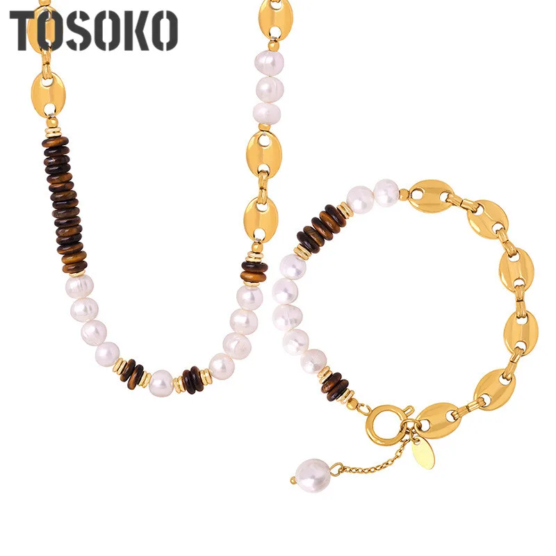 

TOSOKO Stainless Steel Tiger Eye Stone Freshwater Pearl Beaded Necklace Splice Pig Nose Bracelet Jewelry Set BSP034-BSE013