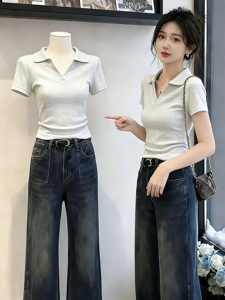 Women's 95 Cotton Short Sleeve T-Shirt Turn-down Collar  Shirt Slim Fit Large Size Summer New Style Pure Color Top