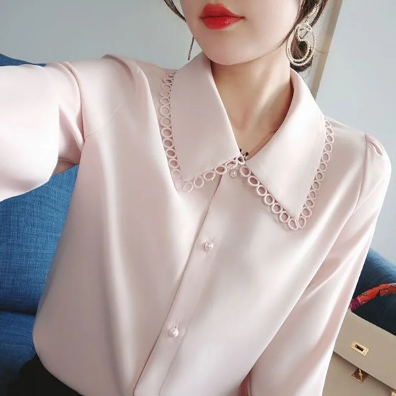 Turn-down Collar Spring Autumn Solid Color Women's Button Patchwork Lantern Long Sleeve Cardigan Shirt Casual Elegant Tops