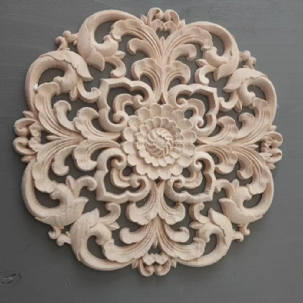 Home Decoration Onlay Applique Woodcarving Decal High Quality Round Wooden Decor 15/20cm Decorative Flower Board