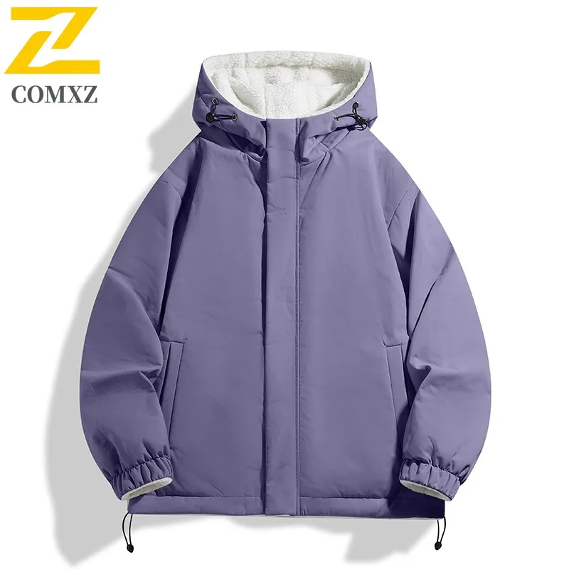 

COMXZ Outdoor Adventure Мужская стеганая куртка 2025 с капюшоном для пешего туризма и путешествий, теплая парка, однотонная легкая зимняя хлопковая куртка для кемпинга