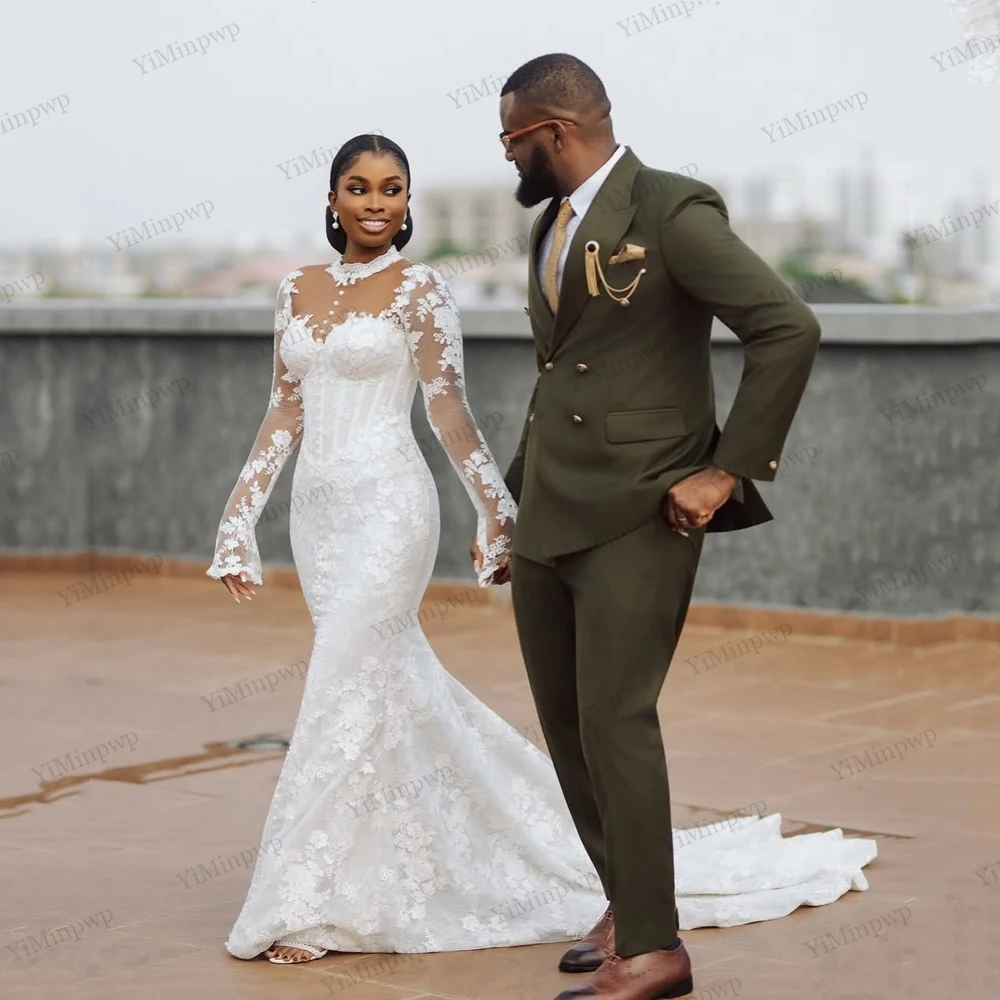 

Lace African Wedding Dresses Bridal Pearls Applique Mermaid Full Sleeves Corset vestidos de novia 2026 Customized Bride Gowns