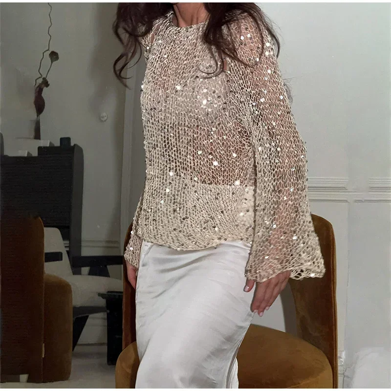 Damesmode pailletten gebreide uitgeholde trui elegante O-hals losse breitop met lange mouwen lente vrouwelijke chique trui