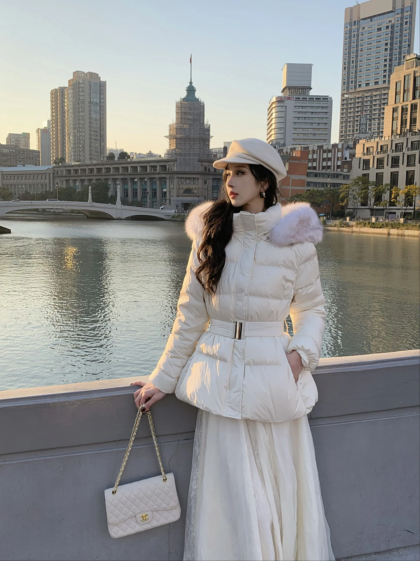 

White ort Padded Jaet Women's Winter New Sle Fur Collar Hooded down Coat Casual Loose Fit Warm Du Feather