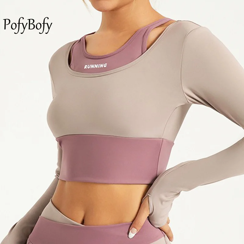 

PofyBofy Fake Two-piece Spandex Stretchy Long Sleeve Widen Waistband Slim Fit Yoga Crop Top Fashion Fitness Workout Women Shirt