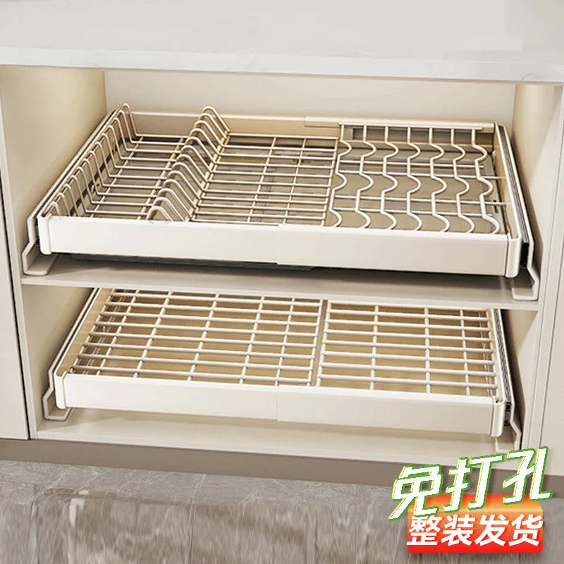 

No punching, pull baskets, dish shelves, retractable drawers in kitchen cabinets, dishes, drain storage, bowl racks