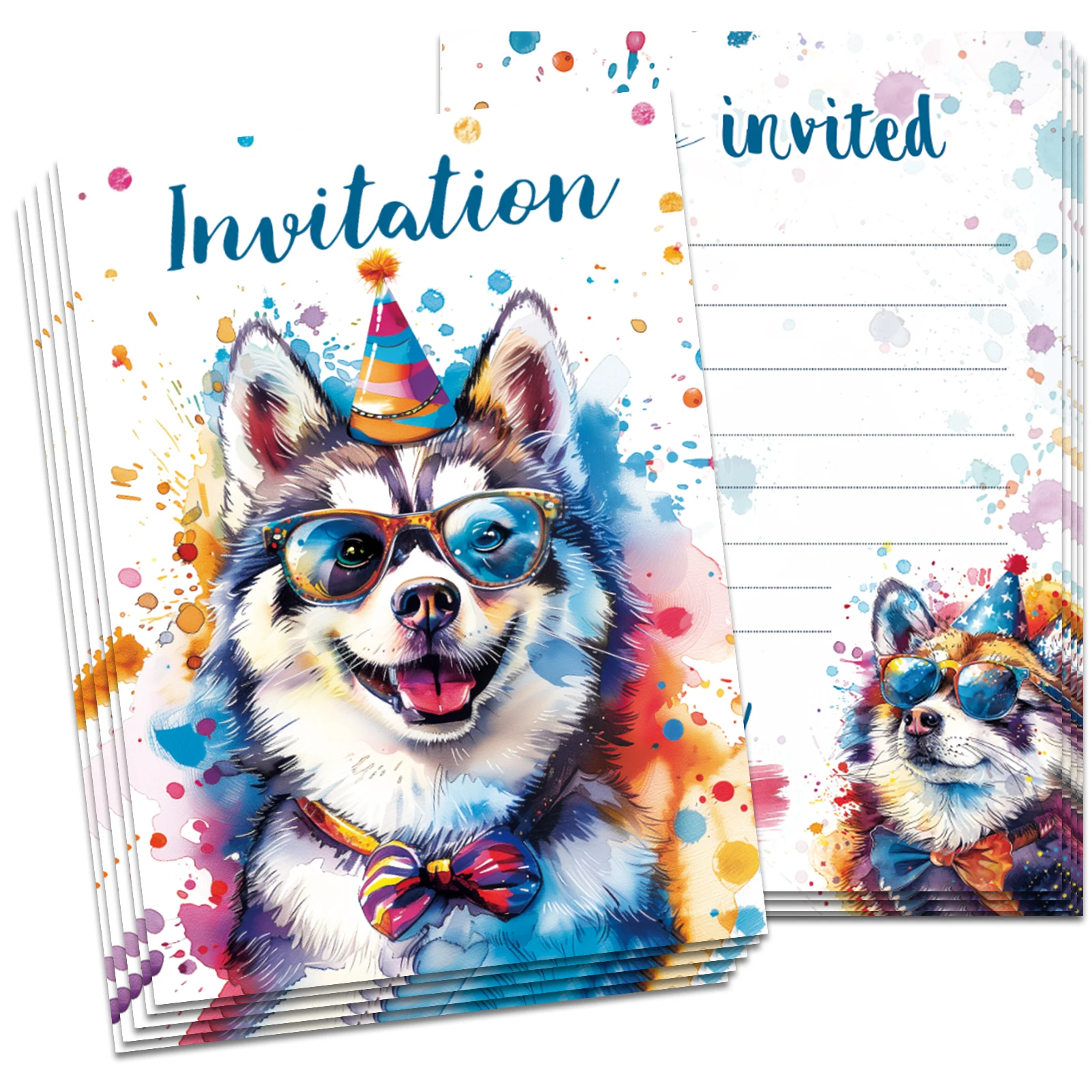 12 stuks Engelse schattige hond verjaardag uitnodiging - leuke hond verjaardag uitnodiging, aquarel zonnebril uitnodiging verjaardagskaart 4,29 inch